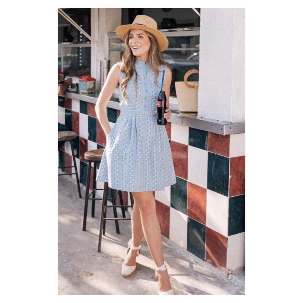 Gal Meets Glam Quinn SZ 4 Sleeveless Button Embroidered A-Line Zip Cotton Dress
